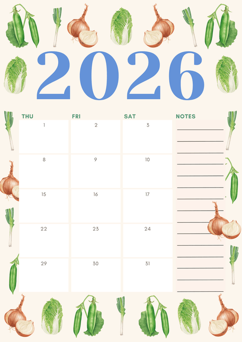 2026 monthly calendar planner with watercolor peas, onions, leeks, and cabbage illustrations. Perfect for meal planning.