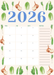 2026 monthly calendar planner with watercolor peas, onions, leeks, and cabbage illustrations. Perfect for meal planning.