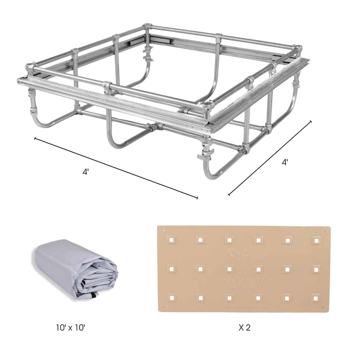 Modular 4x4 metal grow rack frame, 10x10 gray tarp, two Bootstrap Farmer seedling drainage mats for greenhouse gardening.