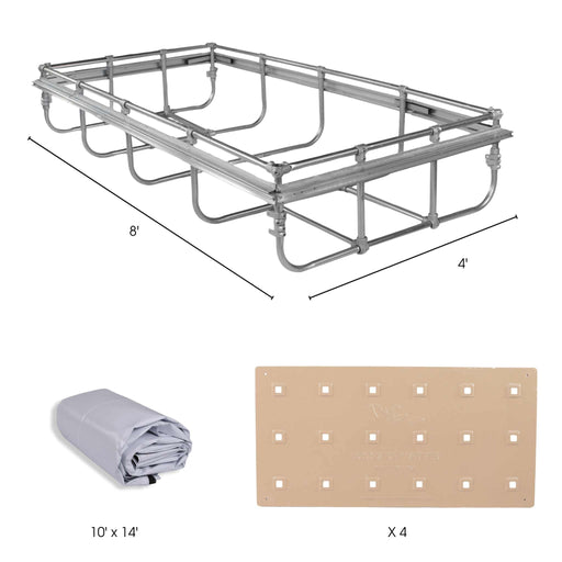 8x4 metal grow frame, 10x14 grey tarp, four Bootstrap Farmer seedling trays. Complete gardening supplies kit.