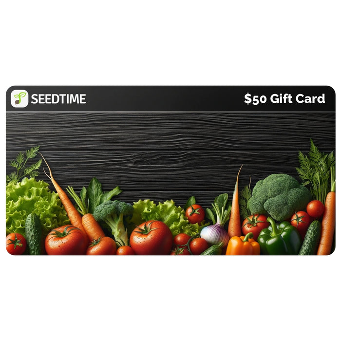 Seedtime $50 Gift Card. Fresh garden vegetables including carrots, tomatoes, lettuce, broccoli, and bell peppers.