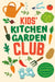 Kids' Kitchen Garden Club text, cartoon vegetables (carrot, tomato, cabbage, watermelon), and garden tools (watering can, trowel, gloves).