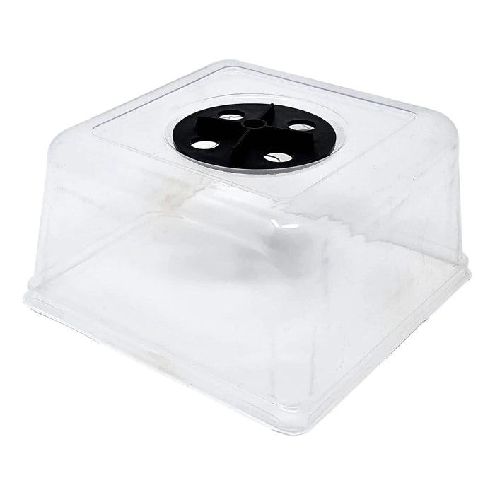 Clear plastic plant propagation dome with adjustable black vent for seedlings.