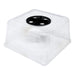 Clear plastic plant propagation dome with adjustable black vent for seedlings.