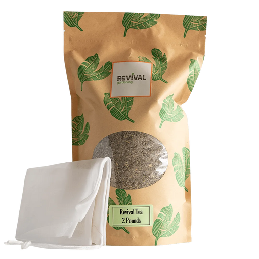 Revival Tea 2lb gardening compost tea in leaf-patterned kraft bag with clear window and reusable brew bag.
