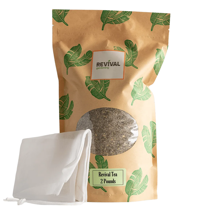 Revival Tea 2lb gardening compost tea in leaf-patterned kraft bag with clear window and reusable brew bag.