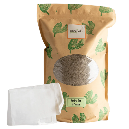 Revival Gardening Tea, 5lb bag, organic soil amendment, with brewing tea bags.