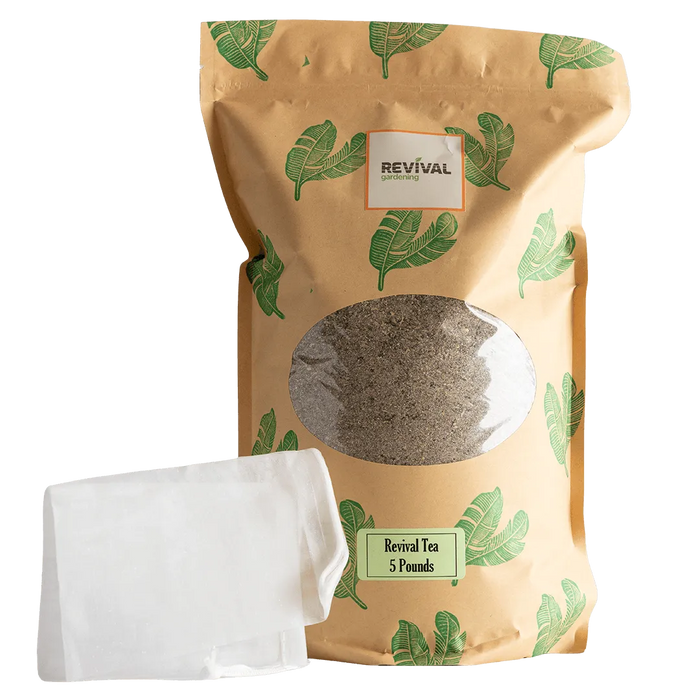 Revival Gardening Tea, 5lb bag, organic soil amendment, with brewing tea bags.