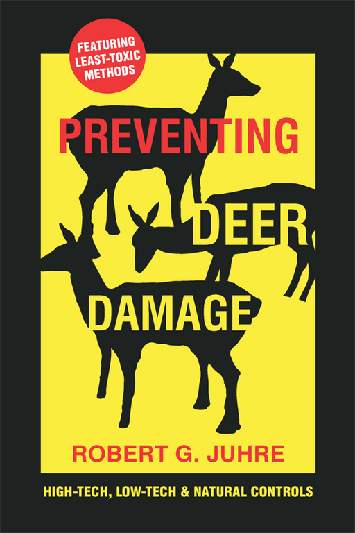 Book cover: Preventing Deer Damage. Three deer silhouettes on yellow. Features least-toxic, natural controls for gardens.