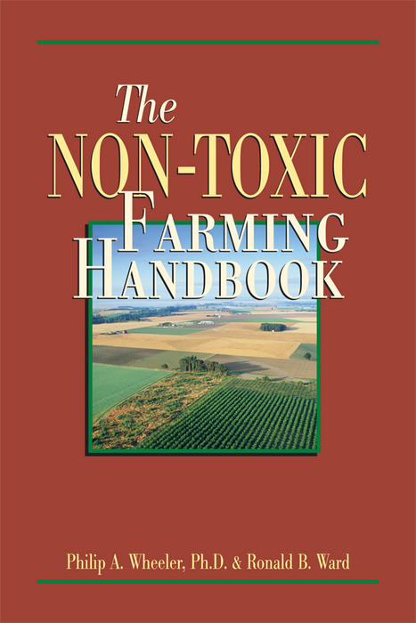 The Non-Toxic Farming Handbook cover with aerial view of diverse agricultural fields and crops. Sustainable farming guide.