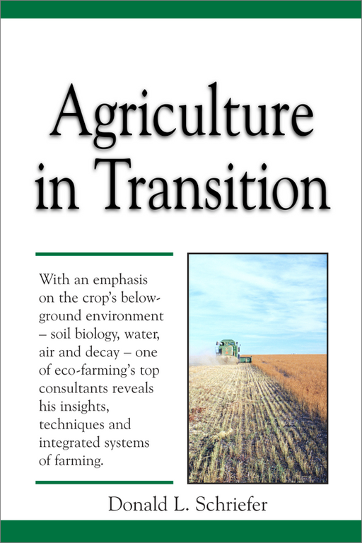 "Agriculture in Transition" book cover. Green combine harvester working in a farm field, harvesting golden crops.