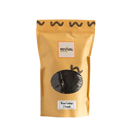 Revival Gardening 2lb worm castings in a brown stand-up pouch. Organic fertilizer, natural soil amendment for plants.