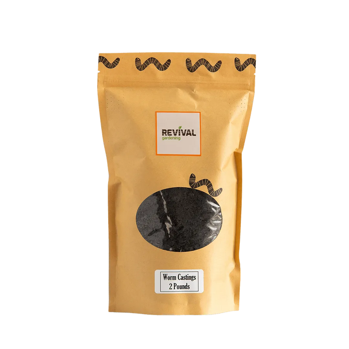 Revival Gardening 2lb worm castings in a brown stand-up pouch. Organic fertilizer, natural soil amendment for plants.
