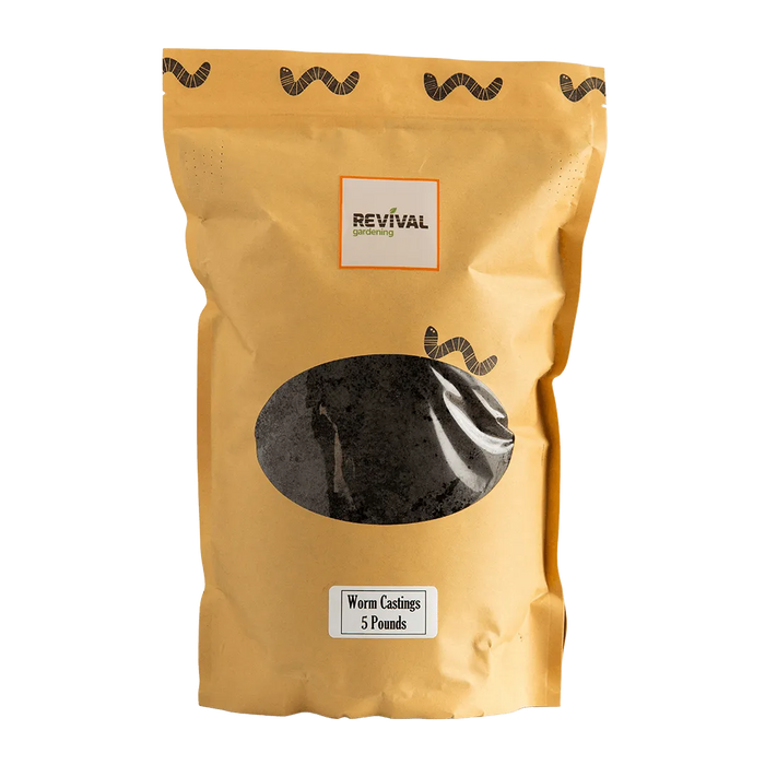 Revival Gardening 5lb worm castings. Organic vermicompost for enriching garden soil and plant growth.