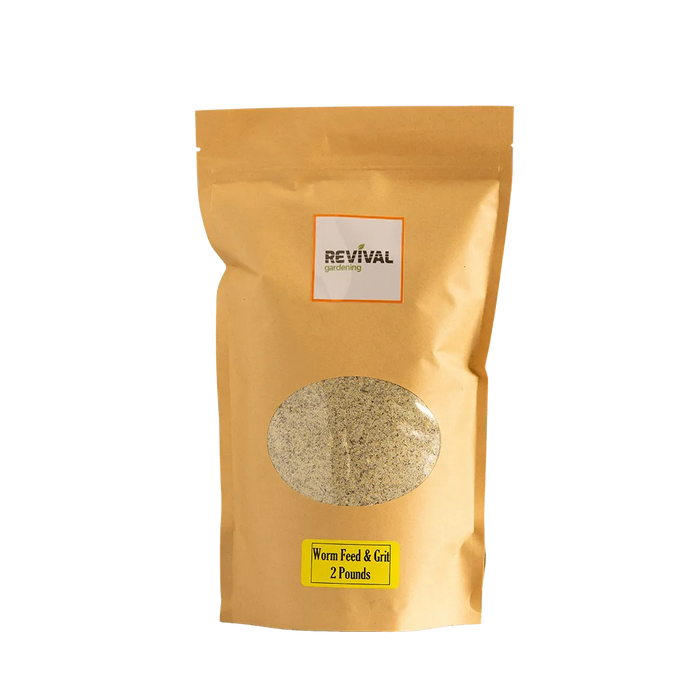 Revival Gardening 2lb Worm Feed & Grit kraft pouch. Nutrient-rich compost supplement for healthy worm farms.