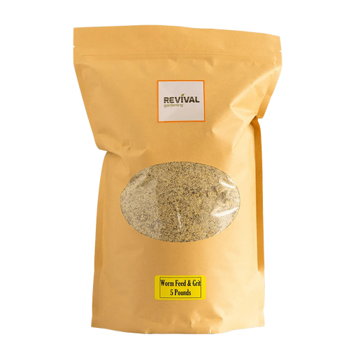 Revival Gardening 5lb worm feed & grit in a brown paper bag. Premium compost bin additive for healthy worms.