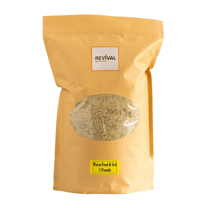 Revival Gardening 5lb worm feed & grit in a brown paper bag. Premium compost bin additive for healthy worms.