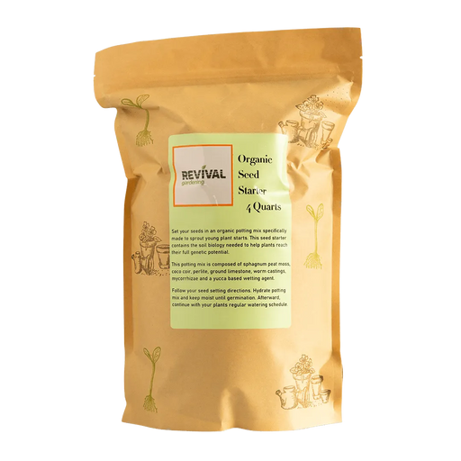 Revival Gardening Organic Seed Starter 4 Quarts potting mix bag, ideal for sprouting young plants.