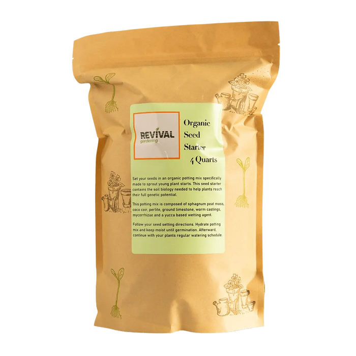 Revival Gardening Organic Seed Starter 4 Quarts potting mix bag, ideal for sprouting young plants.