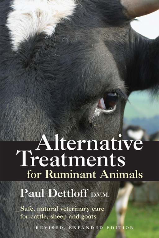 "Alternative Treatments for Ruminant Animals" book cover with a black and white cow's eye. Natural vet care for cattle, sheep, goats.