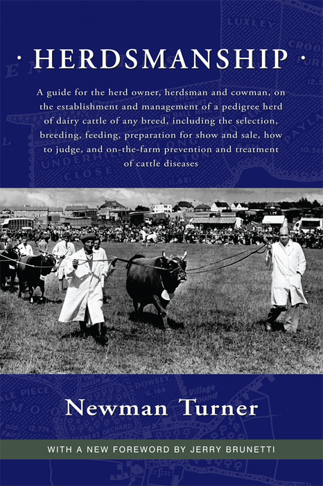 Herdsmanship book cover: Men in white coats lead pedigree dairy cattle at a show. Guide for breeding, feeding, and management.