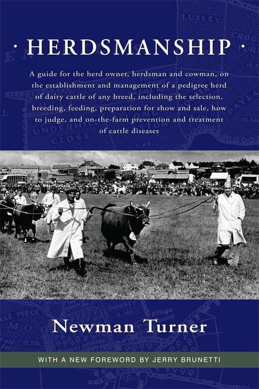 Herdsmanship book cover: Men in white coats lead pedigree dairy cattle at a show. Guide for breeding, feeding, and management.