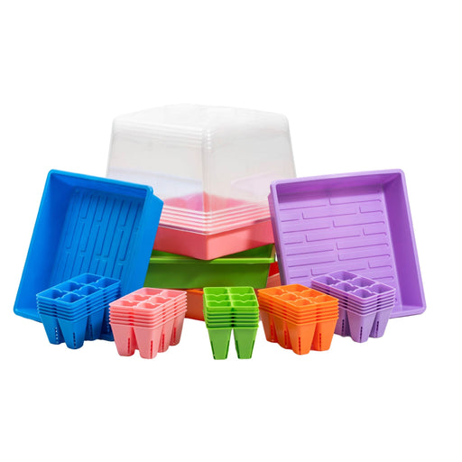 Stacked colorful plastic seed starter trays, multi-cell seedling pots, and clear humidity domes for plant propagation.