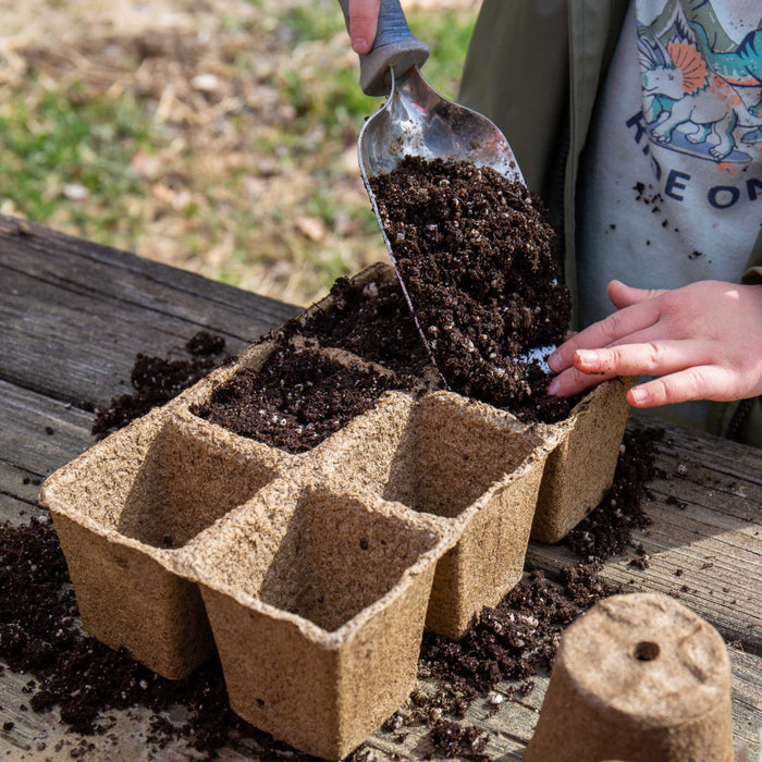 Child's hand scoops potting soil into biodegradable seed starter pots on a wooden table. Preparing for spring gardening & planting.