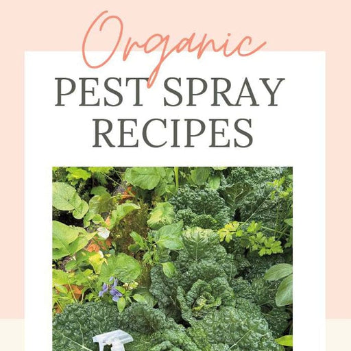 "Organic Pest Spray Recipes" title above a garden of green kale and leafy plants, with a pest spray bottle.