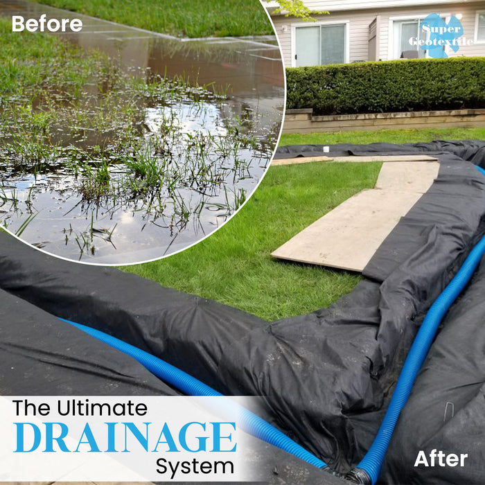 Before & after: Yard drainage solution. Flooded lawn vs. dry landscape with geotextile fabric and blue French drain pipe.