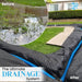 Flooded lawn before vs. yard drainage system after with geotextile and blue corrugated pipes.