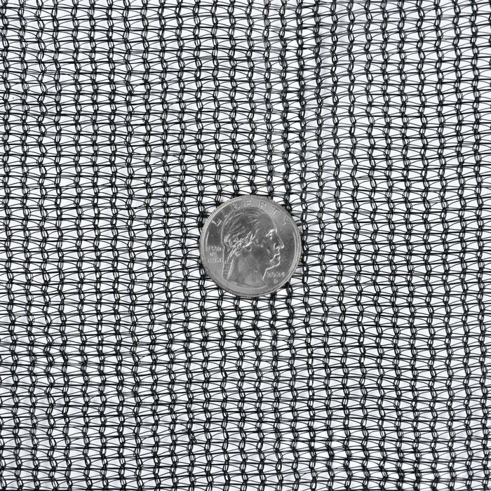 Black mesh shade cloth fabric with a US quarter for scale. Ideal garden netting, greenhouse material, or crop protection.