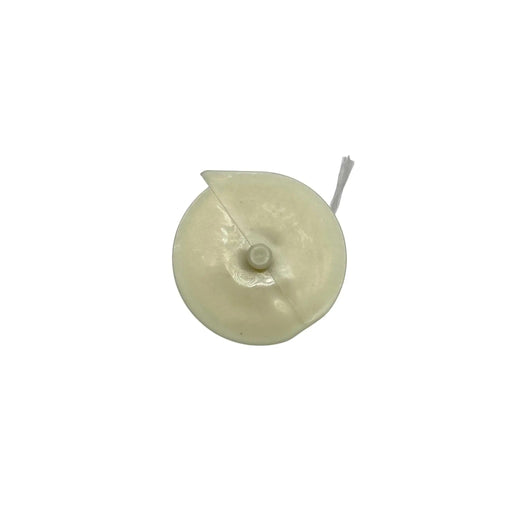 Beige plastic string spool with cord, replacement part for a winder or reel mechanism.