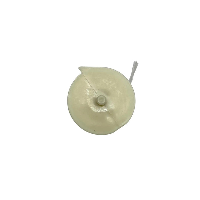 Beige plastic string spool with cord, replacement part for a winder or reel mechanism.