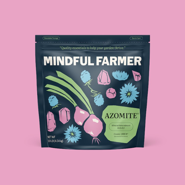 Mindful Farmer AZOMITE 10lb mineral amendment for thriving gardens, with onion, berry & crystal graphics.