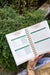 Hand holding a "Weekly Garden Habit Tracker" with indoor garden tasks like microgreens, seedlings, and goals, amidst green plants.