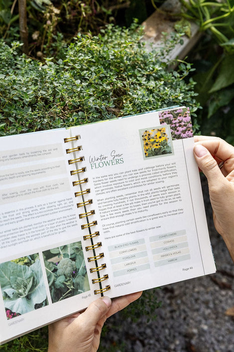 Open gardening book showing "Winter Sow Flowers" page with Black-Eyed Susans, Coneflowers, and broccoli in a garden.