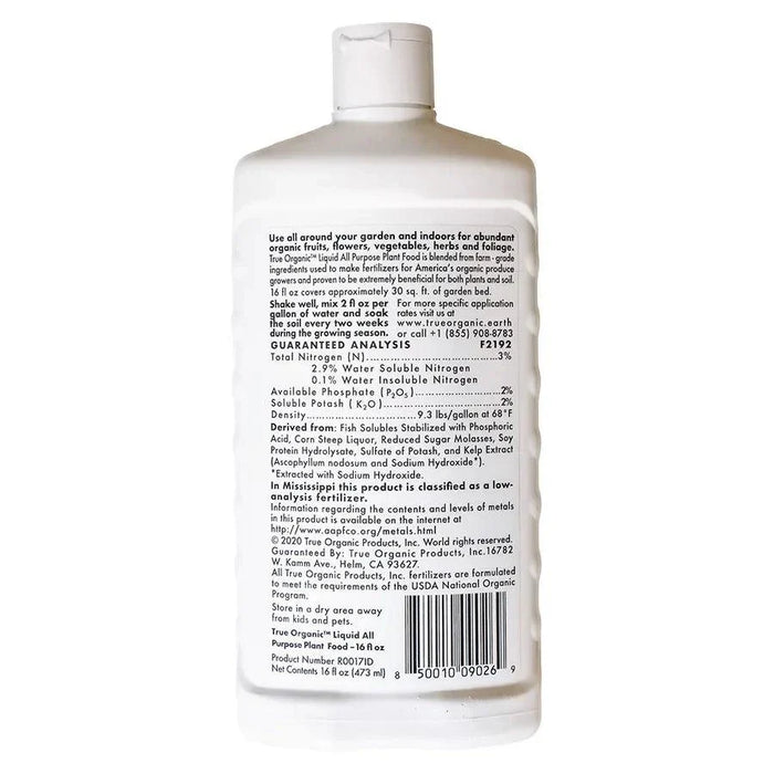 True Organic Liquid All Purpose Plant Food 16 fl oz bottle. Organic fertilizer for garden, indoor plants, fruits, flowers, vegetables.