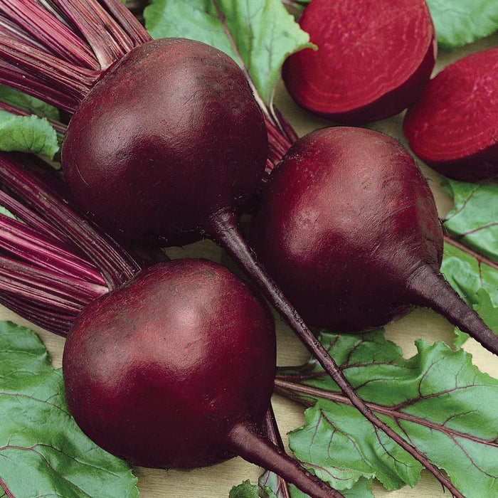 Fresh whole and sliced red beets with green leaves. Vibrant, healthy root vegetables.