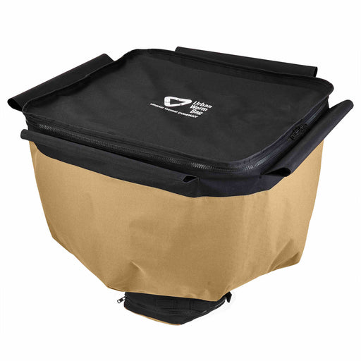Urban Worm Bag black and tan fabric worm composter with zippered lid for home vermicomposting.