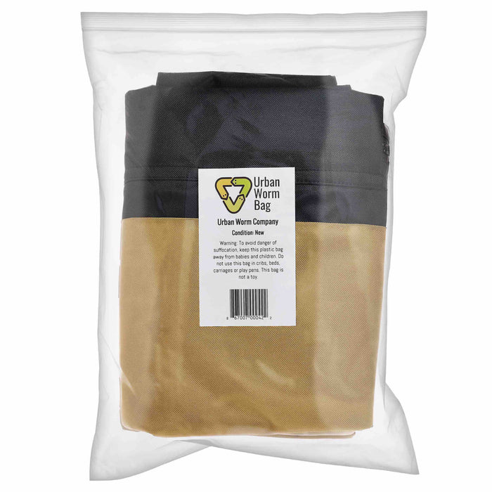 New Urban Worm Bag, black and tan fabric vermicomposting bin, sealed in clear packaging.