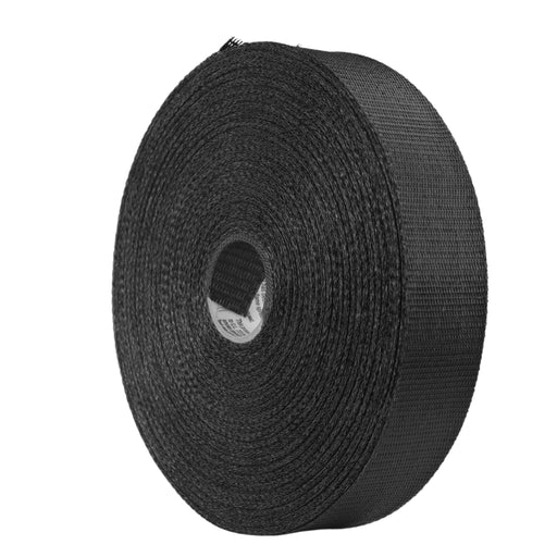 Black woven webbing roll, durable heavy-duty strap.