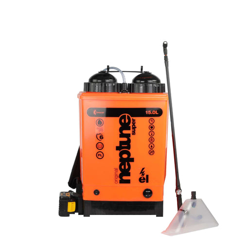 Orange Wazar Neptune Super 15L electric backpack sprayer for garden & agriculture. Includes spray lance, battery, and cone accessory.