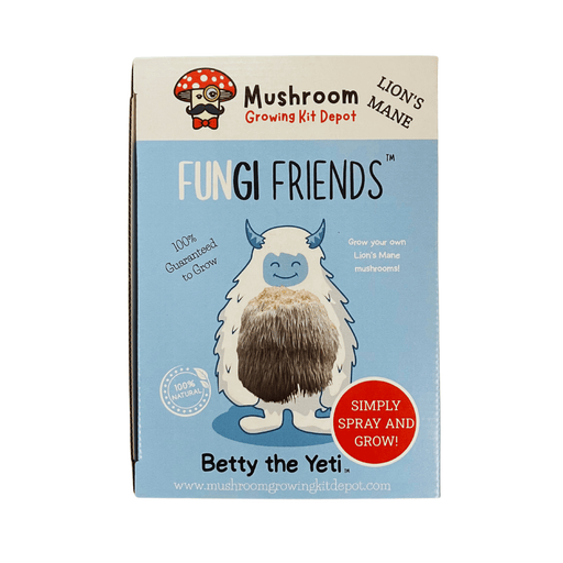 Fungi Friends Lion's Mane mushroom growing kit featuring Betty the Yeti. Grow your own gourmet mushrooms easily.