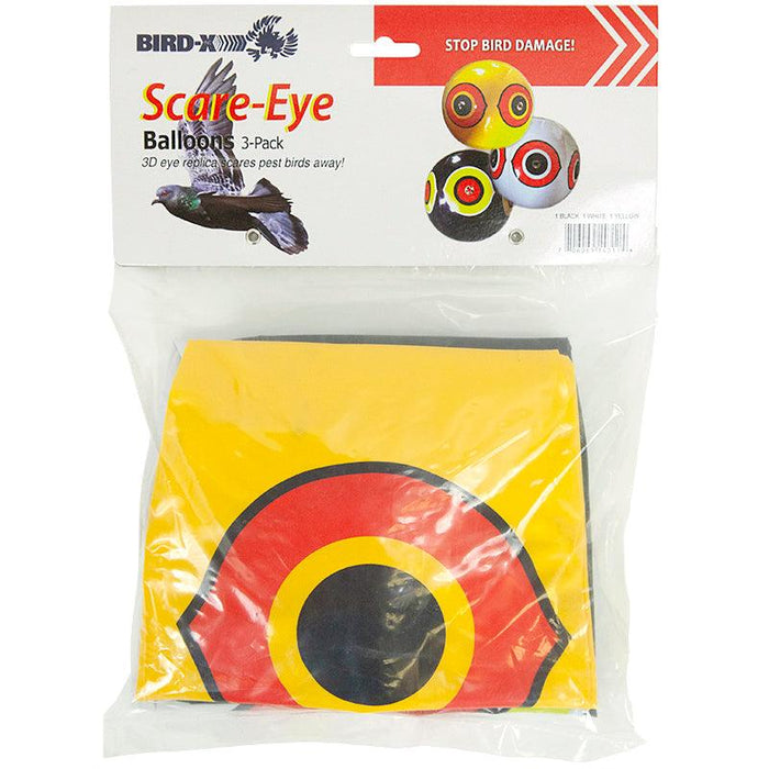 Bird-X Scare-Eye 3-pack balloons. Yellow, white, black eye replicas for pest bird control, garden protection.