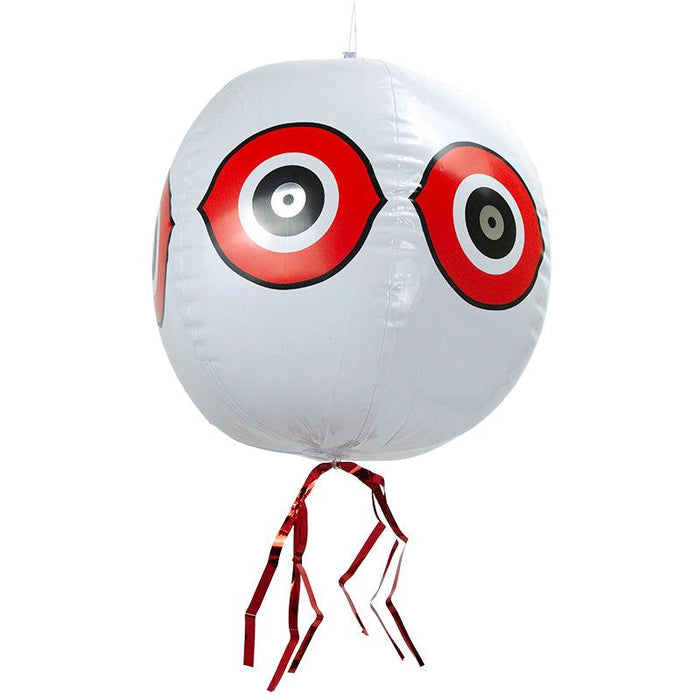 Scare eye bird deterrent balloon, white with large red eyes, hanging red streamers.