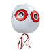 Scare eye bird deterrent balloon, white with large red eyes, hanging red streamers.