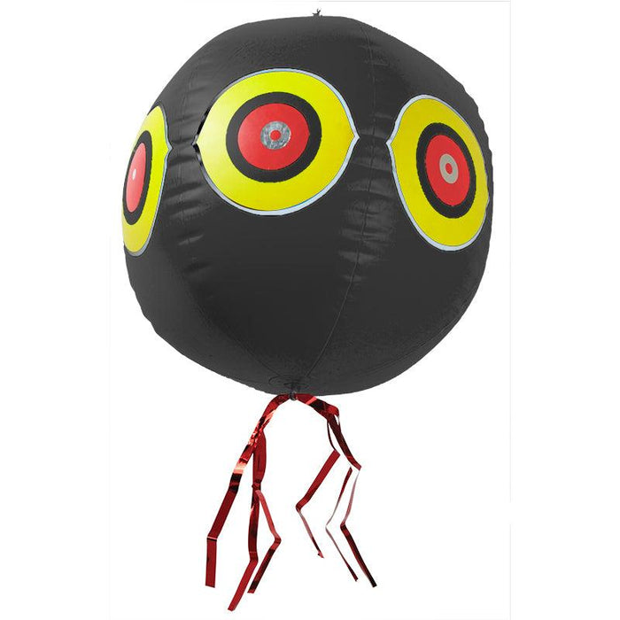 Black inflatable balloon with yellow, red, silver target eyes & metallic red streamers. Party decor.