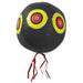 Black inflatable balloon with yellow, red, silver target eyes & metallic red streamers. Party decor.