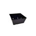 Black square plastic nursery grow pot with side and bottom drainage holes for plants.